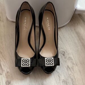 Coach Black Patent Peep-Toe Pumps with Silver Signature Accent